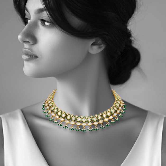 Emerald Enamel Polki Necklace with Pear Motif Detailing